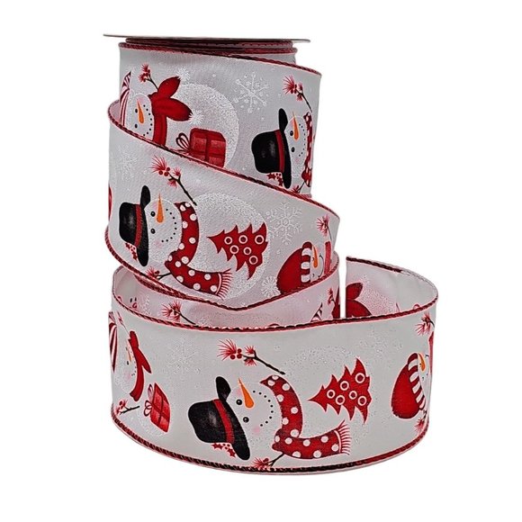 Snowman with Red Scarf Christmas Ribbon 2.5" Wide, 30 Feet - Picture 3 of 3
